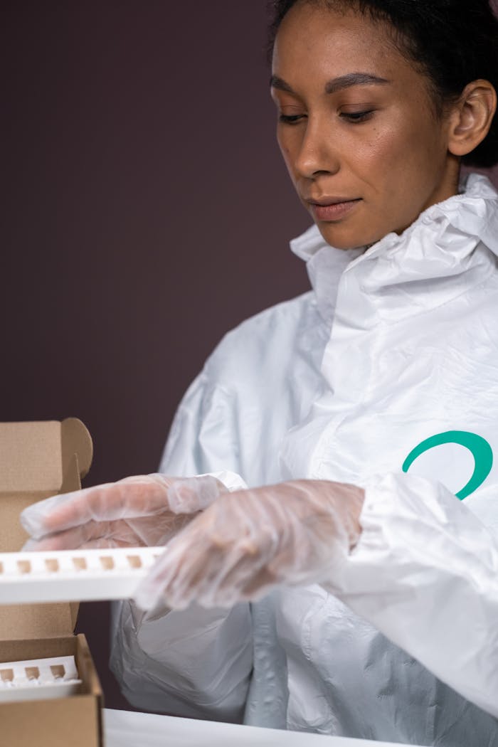 Female healthcare worker in protective gear examining test samples, highlighting safety in lab environments.